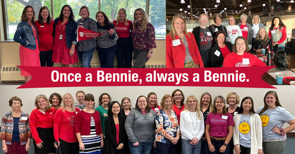 A college of Bennies on Bennie Day; Text: Once a Bennie, Always a Bennie