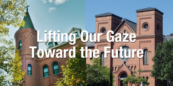 Text: Lifting Our Gaze Toward the Future Image: Main building and Great Hall