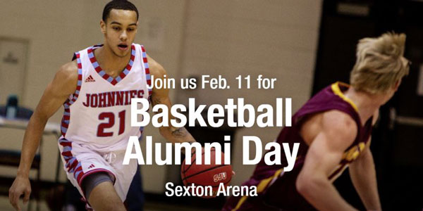 Text: Join us Feb. 11 for Basketball Alumni Day Sexton Arena; photo of Jubie Alade 