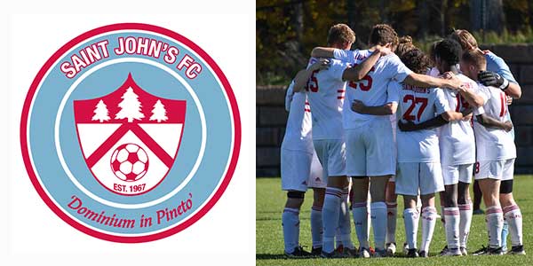 Images: SJU soccer logo; soccer players in huddle